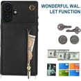 thumbnail image 3 of Crossbody Zipper Wallet Case for iPhone 16 6.1" with Card Holder, Lanyard Purse Cover [Removable Shoulder Strap] with Kickstand Function for Apple iPhone 16 Zip-Black, 3 of 9