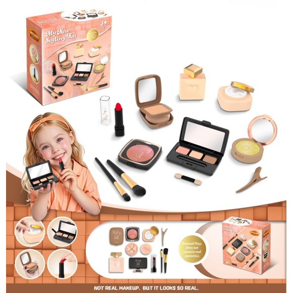3+ Kids Pretend Play Makeup Set - Non-Toxic, Non-Applicable Simulation Cosmetics Kit with Purple Eyeshadow Palette, Blush, Lipstick, Brushes & Accessories - Realistic Toy for Girls' Beauty Role-Play,