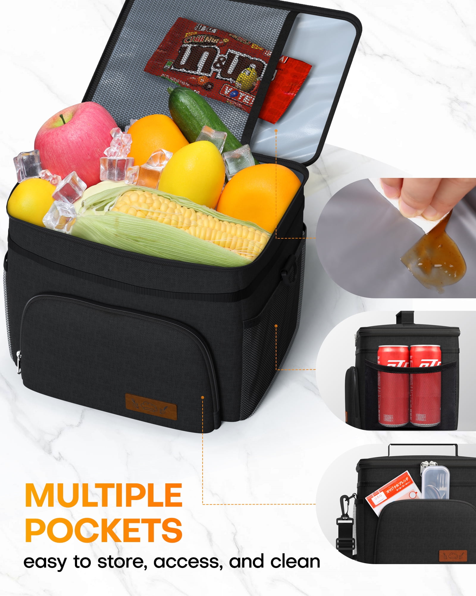 HOTOR Insulated Lunch Box for Men and Women, Portable Soft Cooler Bag with 4 Pockets, Adjustable Shoulder Strap, Black