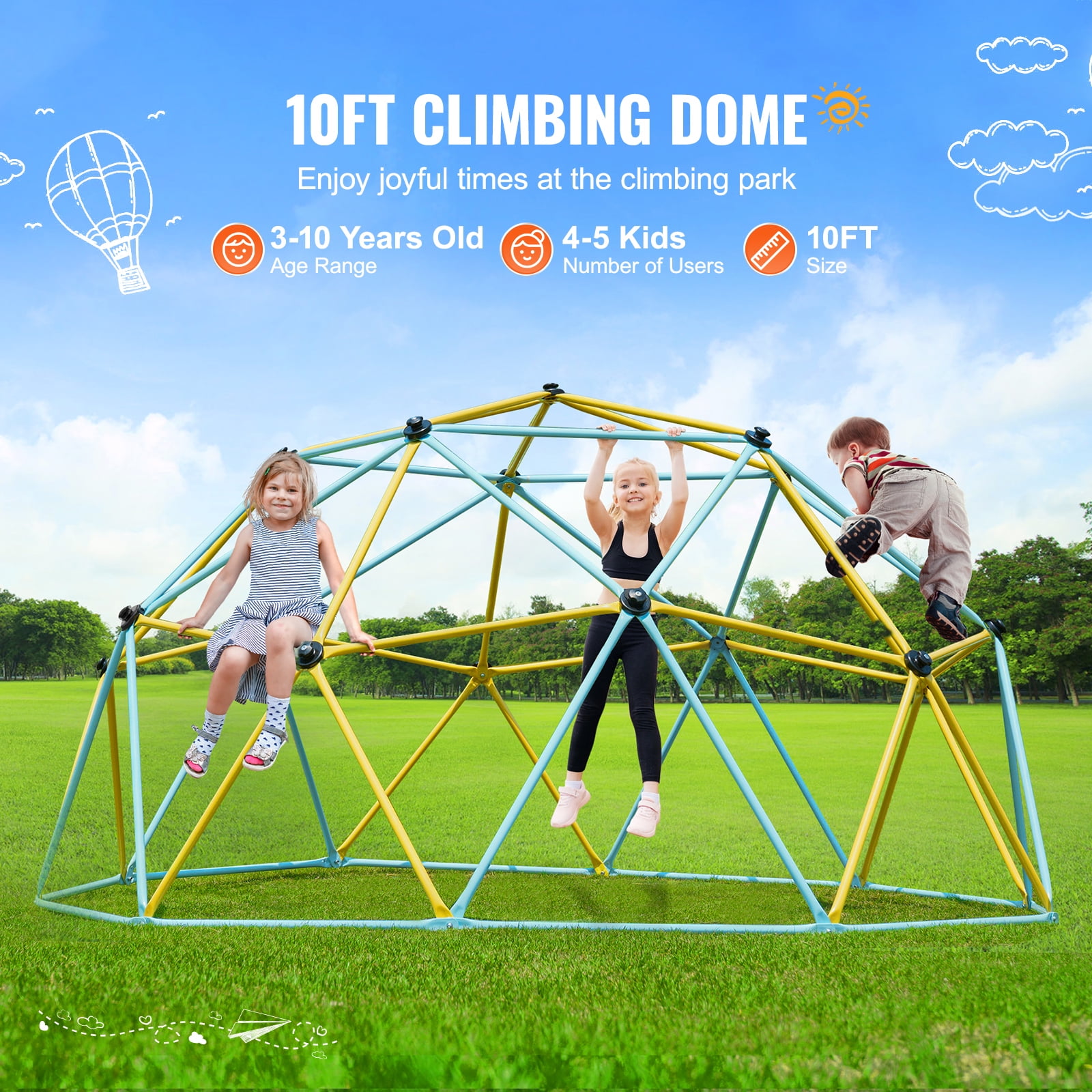 KFFKFF Geometric Climbing Structure, 10FT Dome with Climbing Grips, Supports up to 750LBS, Simple Setup, Ideal for Children Aged 3-10, Outdoor Play Equipment for Backyard Fun