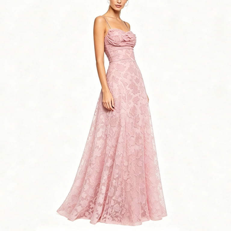sweetheart floral ruched long formal dress Lopecy-sta Womens Maxi Gown Spaghetti Strap Ruched Floral Lace Mermaid Sweetheart Neck Floor Length Formal Dress, Women's, Size: XL, Pink