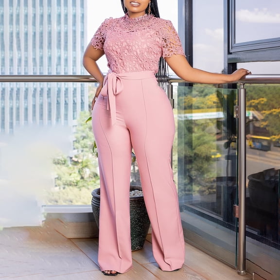 AURA Plus Size Lace Cutout Wide Leg Jumpsuit High Waist Short Sleeve Strap Detail Summer Elegant