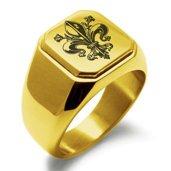 Stainless Steel Antiue Fleur De Lis Engraved Square Flat Top Biker Style Polished Signet Ring