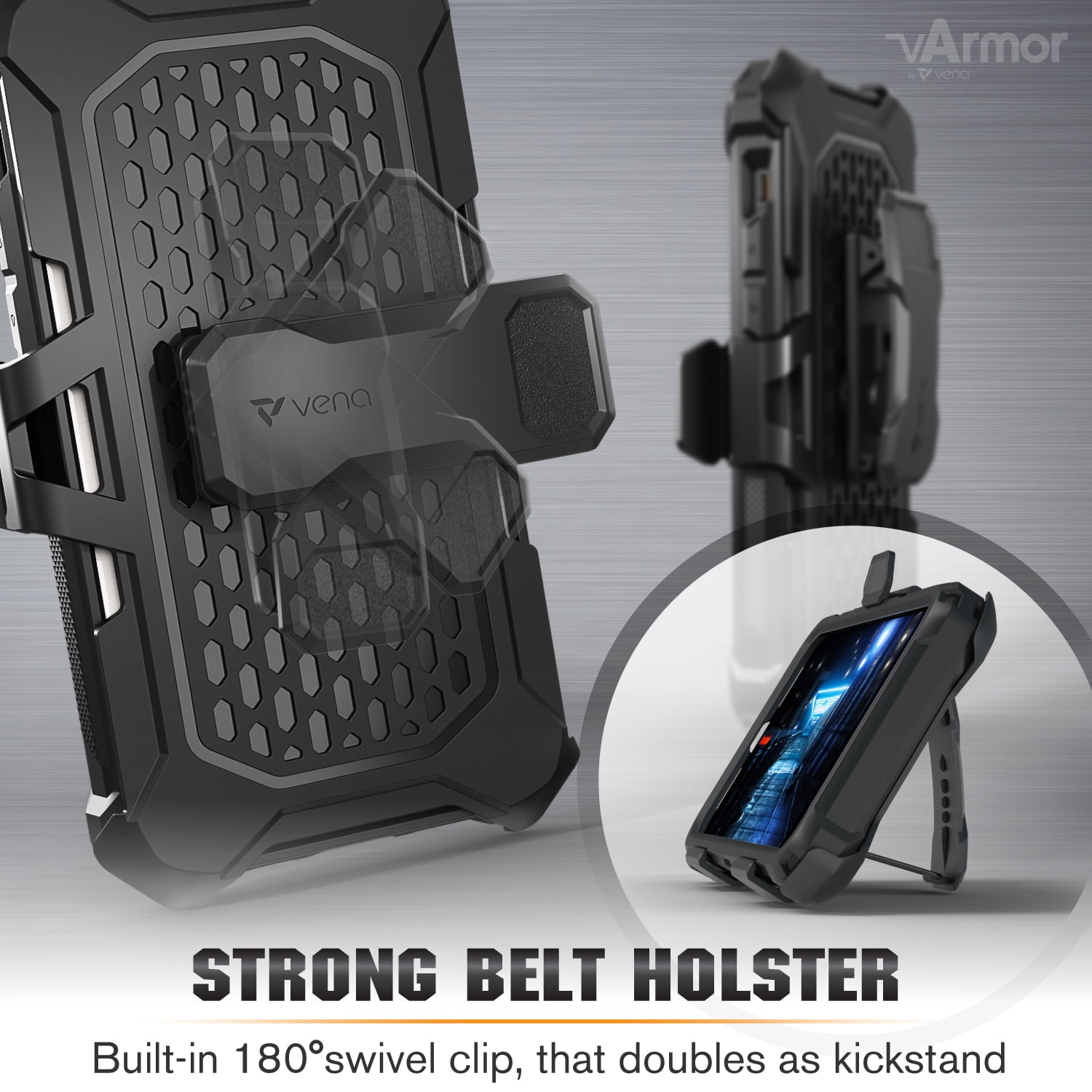 Vena iPhone 12 Pro Max (6.7") Case, [vArmor] Rugged Military Grade Heavy Duty Case with Belt Clip Swivel Holster and Kickstand - Space Gray / Black