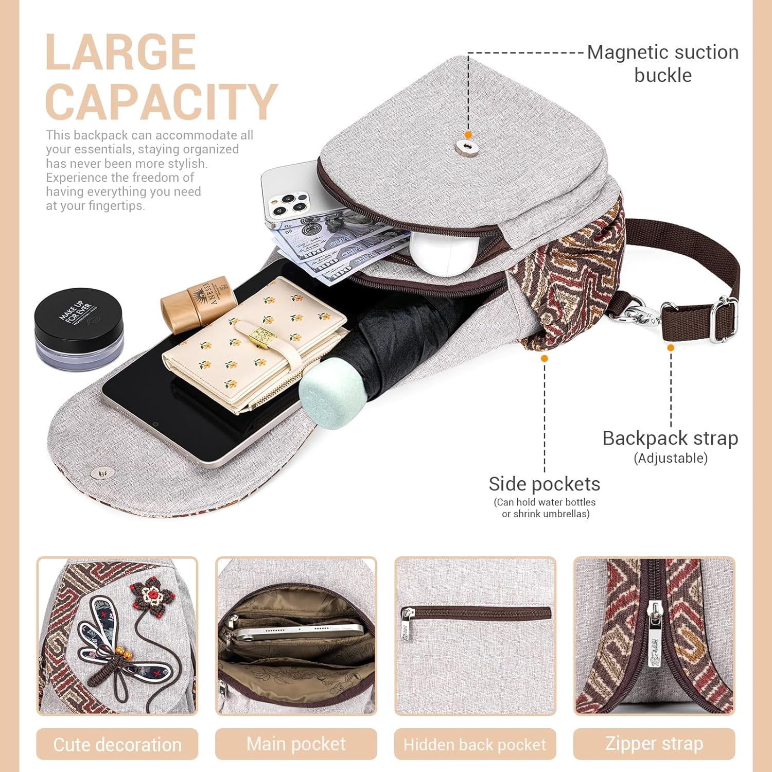 Backpack for Women, Boho Crossbody Sling Bags for Women with Cute Hand-woven Pattern Mini and Small Backpack (Flower)