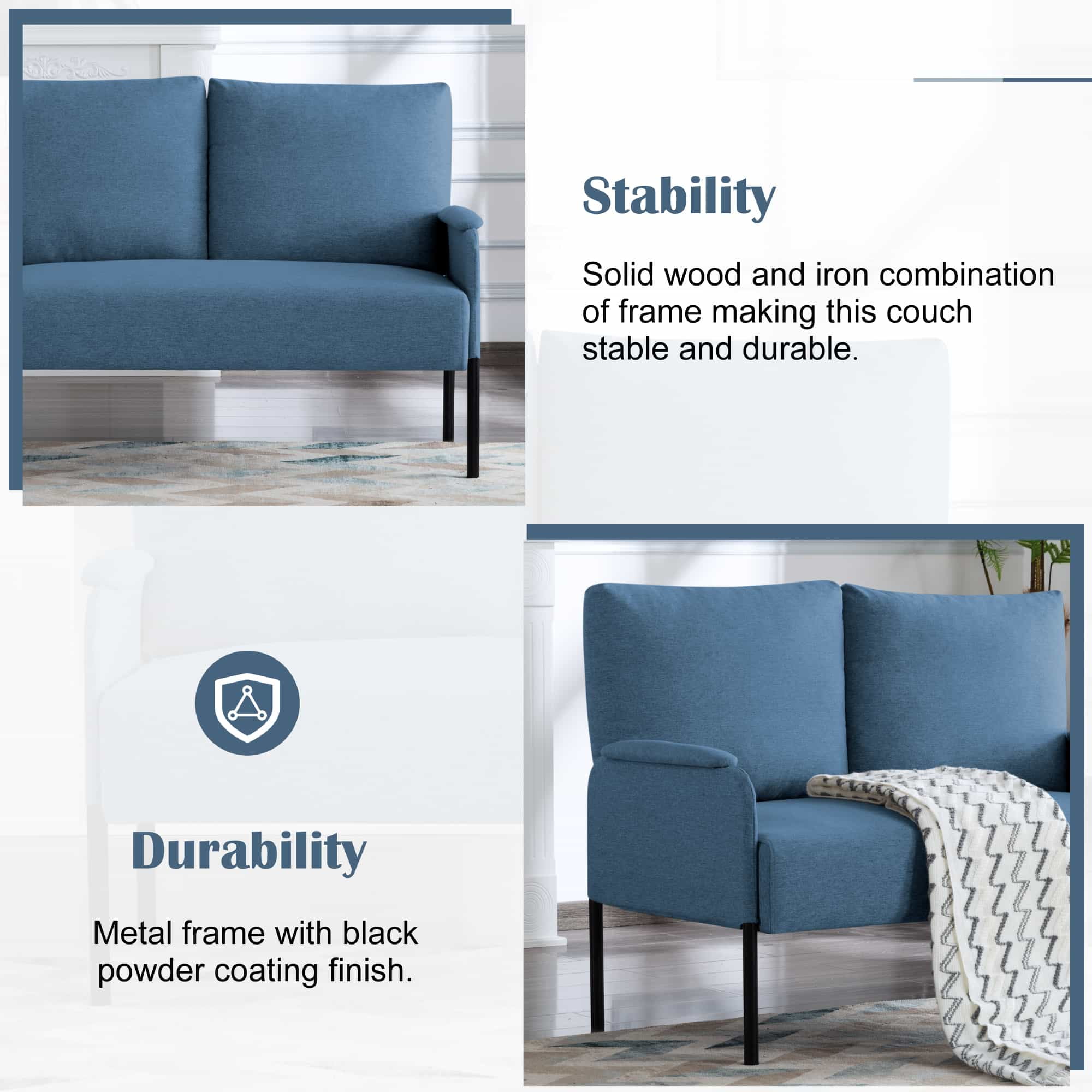 BSHTI Linen Blend Upholstery Loveseat Couch,2 Seating,Metal Frame,High-density Fam Seat Loveseat,Well in Apartments or Rooms with Limited Space(Blue)