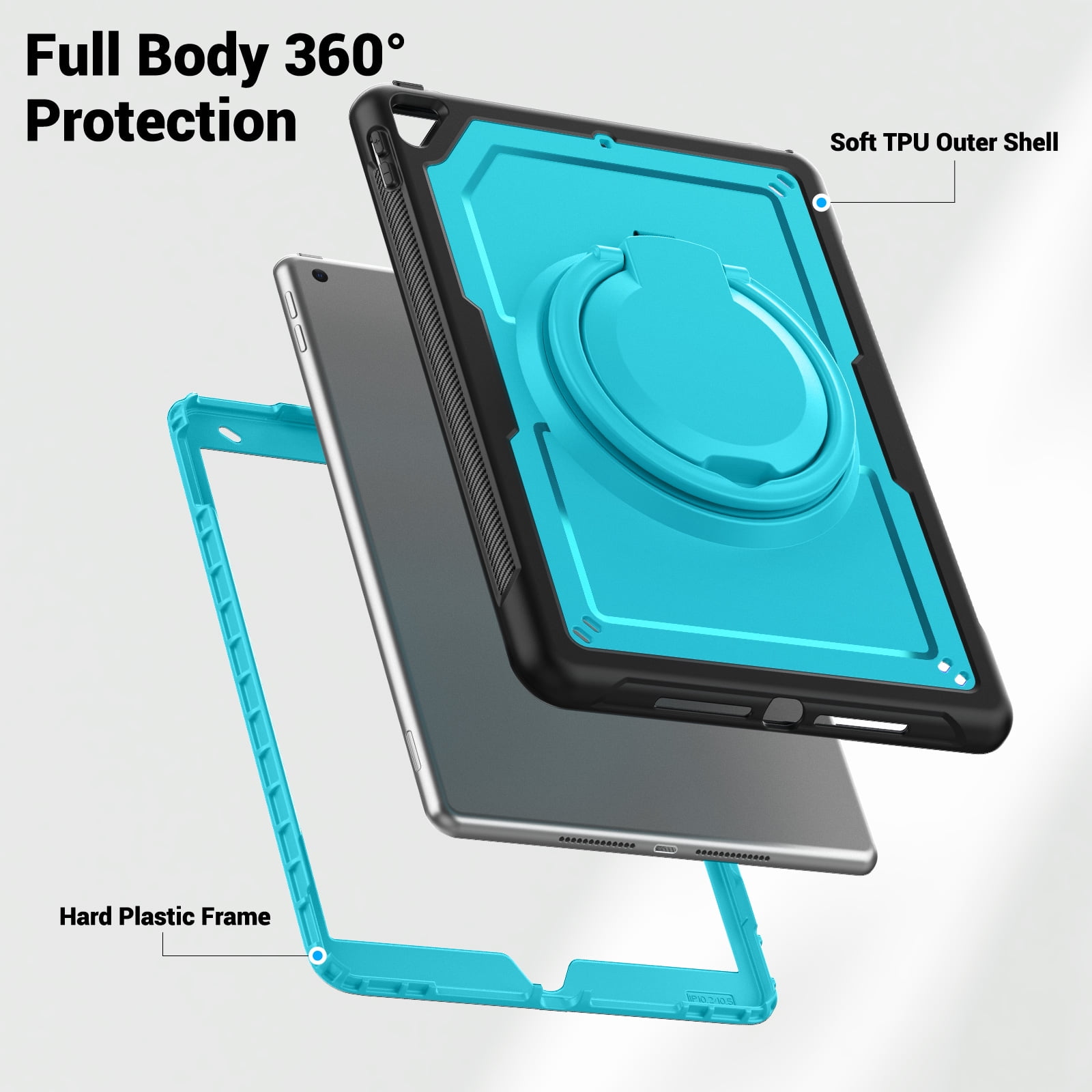 Shockproof Case for Apple iPad 9th 8th 7th Gen 10.2 Inch, Hybrid Protective Cover with Pencil Holder & Shoulder Strap Kids Friendly Rotating Kickstand Case for iPad 10.2" 2021/2020/2019,Lightblue