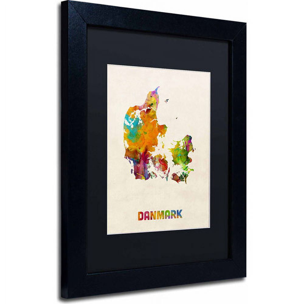 Trademark Fine Art "Denmark Watercolor Map" Canvas Art by Michael Tompsett, Black Matte, Black Frame