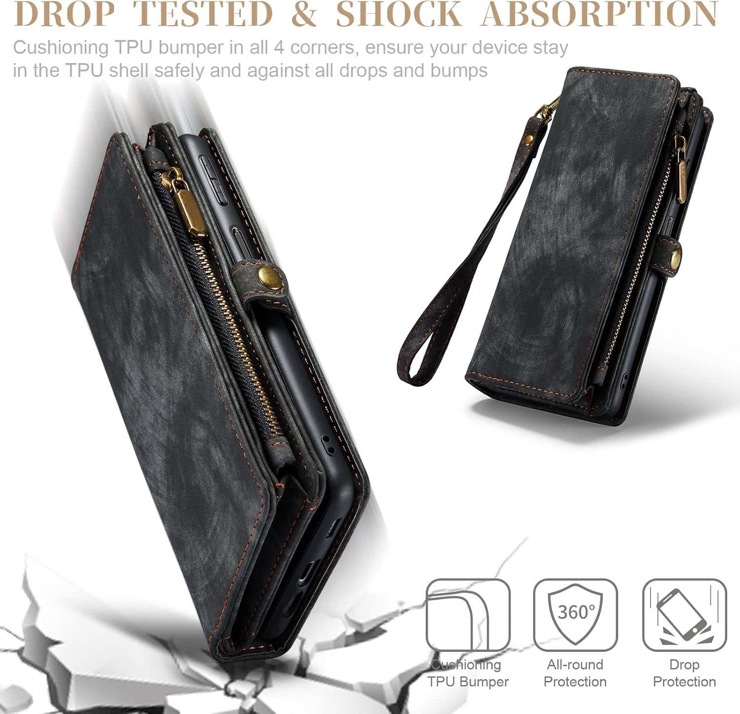 Phone Case for Samsung Galaxy A14 5G Zipper Wallet Detachable Cover with Tempered Glass Screen Protector and Leather Flip Credit Card Holder TPU Cell Accessories A 14 4G 14A G5 Women Men Black