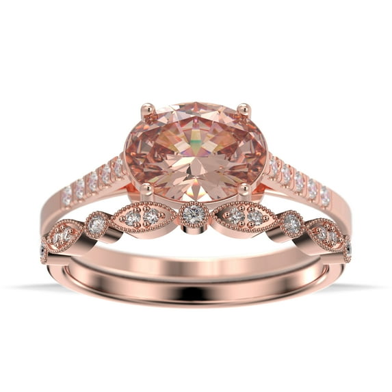 Dazzling Minimalist Art Deco 2.00 Carat Oval Cut Morganite And Diamond Moissanite Unique Engagement Ring, Wedding Ring, One Matching Band in 10k Solid Rose Gold, Gift For Woman, Promise Ring