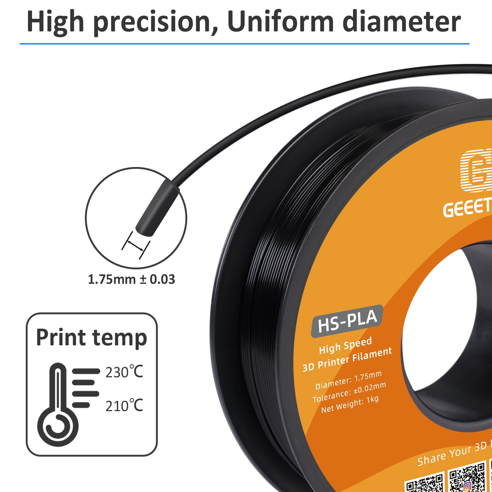 Geeetech 1.75mm PLA 3D Printer Filament, 10kg Spool (22lbs), Dimensional Accuracy +/- 0.03mm,Black