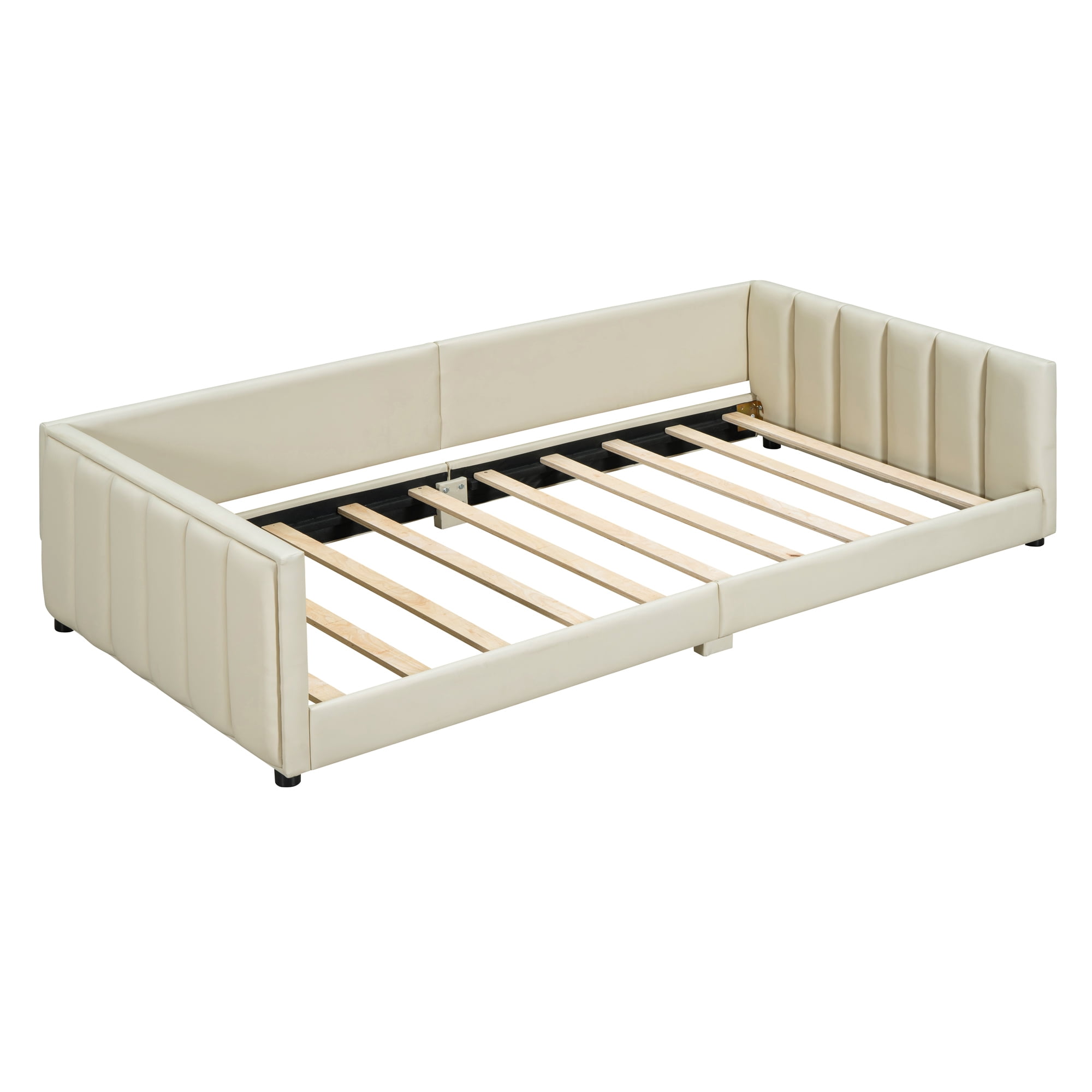 Harper & Bright Designs Wooden Mother Bed Frame Queen and Twin XL Size Daybed, PU Leather Upholstered Grounded Platform Bed, Beige