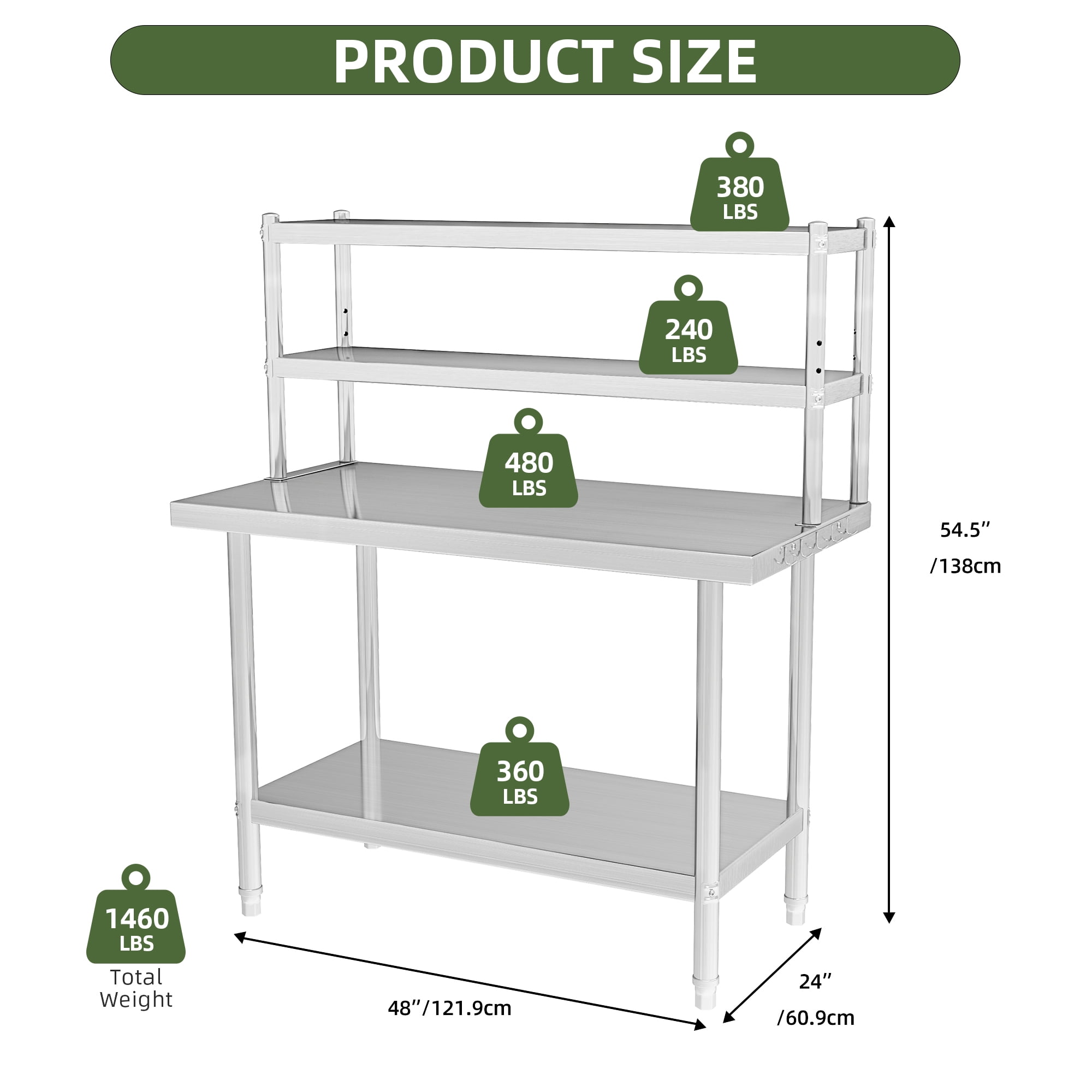 Uforic 48" X 24" Work Table with 48" X 12" Shelf Stainless Steel Table with Overshelves for Home Kitchen Restaurant Garage Warehouse