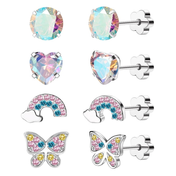 4Pairs Hypoallergenic Earrings 14K Gold Plated Flat Back Earrings 20G Screw Back Cartilage Earring for Sensitive Skin CZ Heart Butterfly 316L Stainless Steel Stud Earrings for Women