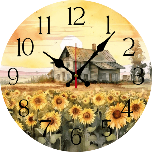 Eveokoki Rustic House Field Sunflowers Farmhouse Wooden Wall Clock - 10 Inch Silent Non-Ticking Decorative Clock for Kitchen, Living Room, Bedroom, Country Home Decor