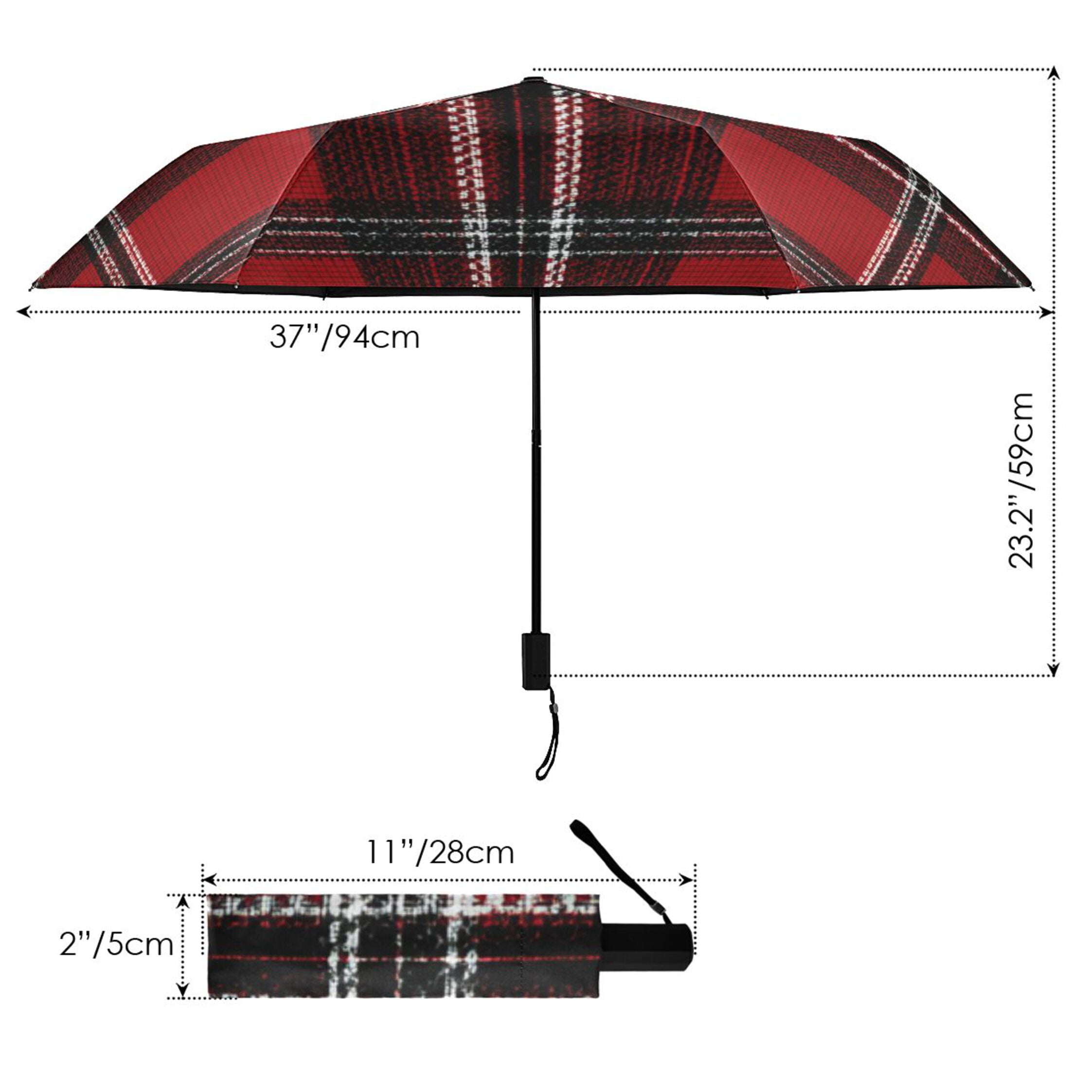 Red Black Tartan Plaids Fabric Texture All Weather Umbrella Triple Folding Parasol 6 Ribs UV Protection Portable