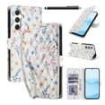 thumbnail image 1 of Wallet Case for Samsung Galaxy A14 , PU Leather Phone Cover Kickstand RFID Blocking Flip Case Card Slots Wrist Strap Relief Engraved Pattern Magnetic With Stylus Pen, Blue Purple Flower, 1 of 10