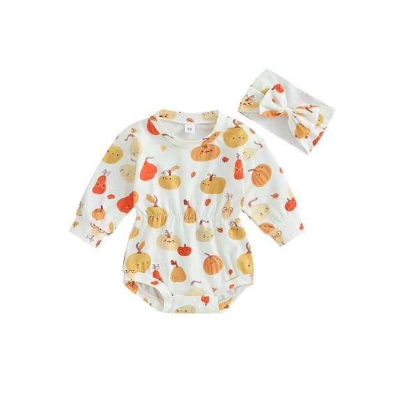 Wassery Baby Girl Halloween Clothes 3M 6M 12M 18M Infant Girl Casual Romper Tops Long Sleeve Pumpkin Print Jumpsuit Fall Outfits 0-18M