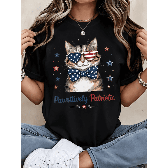 Women’s Patriotic Cat Graphic T-Shirt – USA Flag Heart Glasses Casual Tee