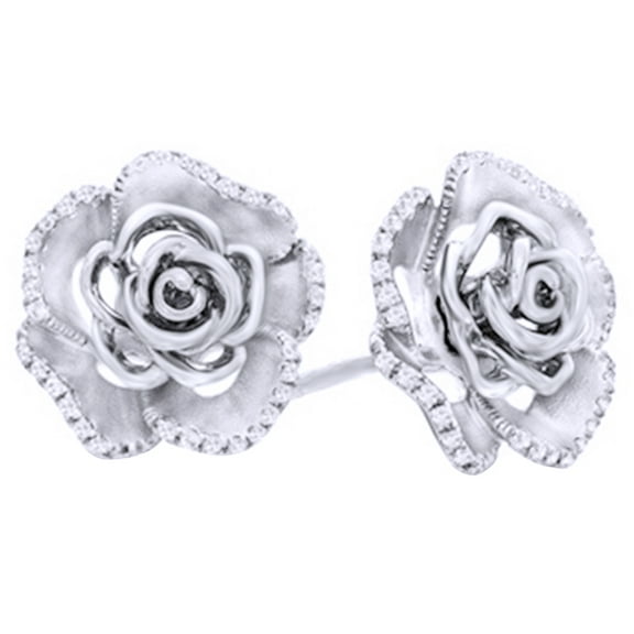 AFFY White Natural Diamond Flower Stud Earrings In 14K White Gold Over Sterling Silver (0.2 Ct)