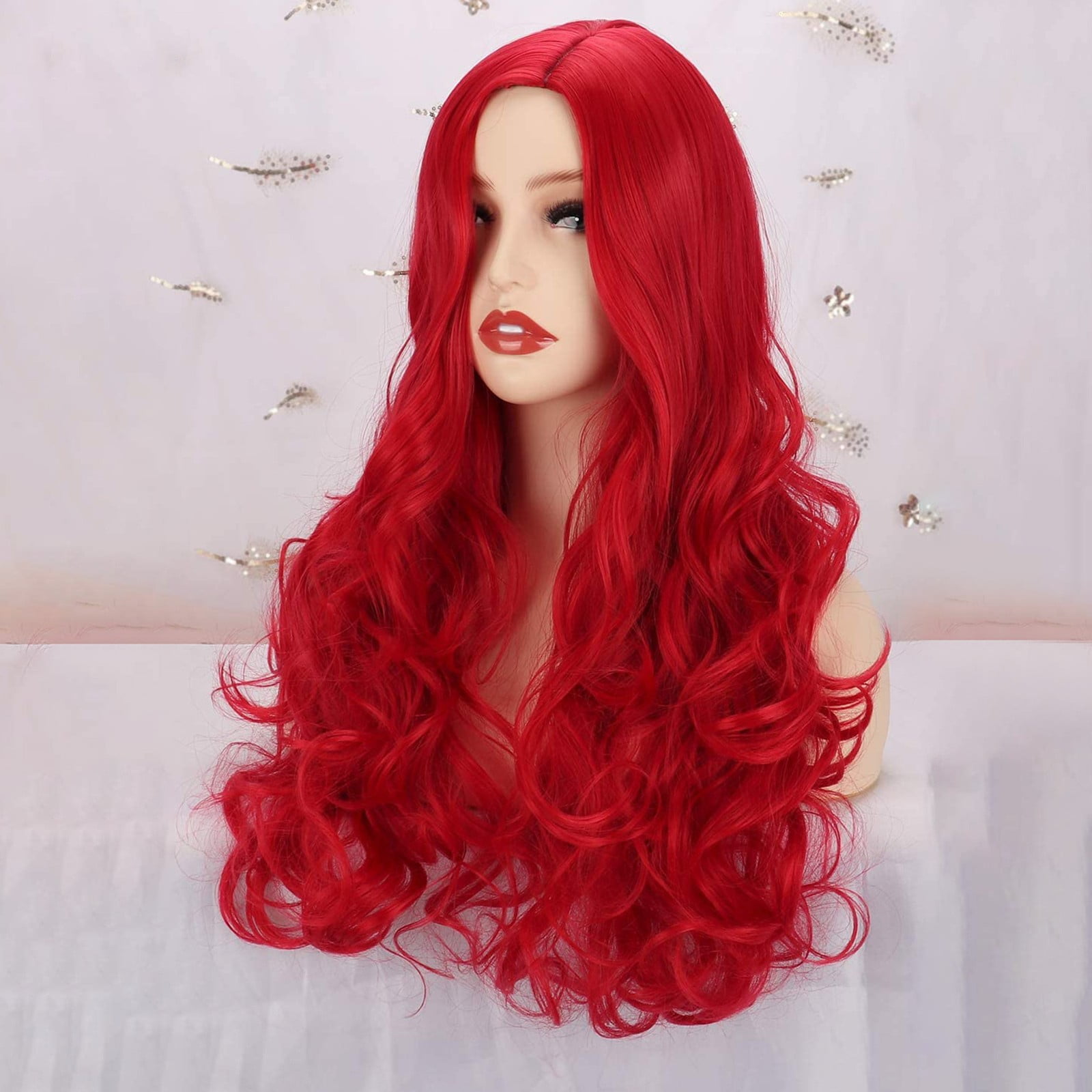 Long Red Lace Front Wig for Women, Middle Part Wavy Colored Wig with Highlight Cap, Heat Resistant Synthetic Wig(Red-2,One Size)