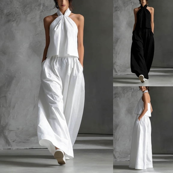 SROBPTY Set for Womens Solid Crew Neck Sleeveless Top Long Pants Outfits for Everyday Wear