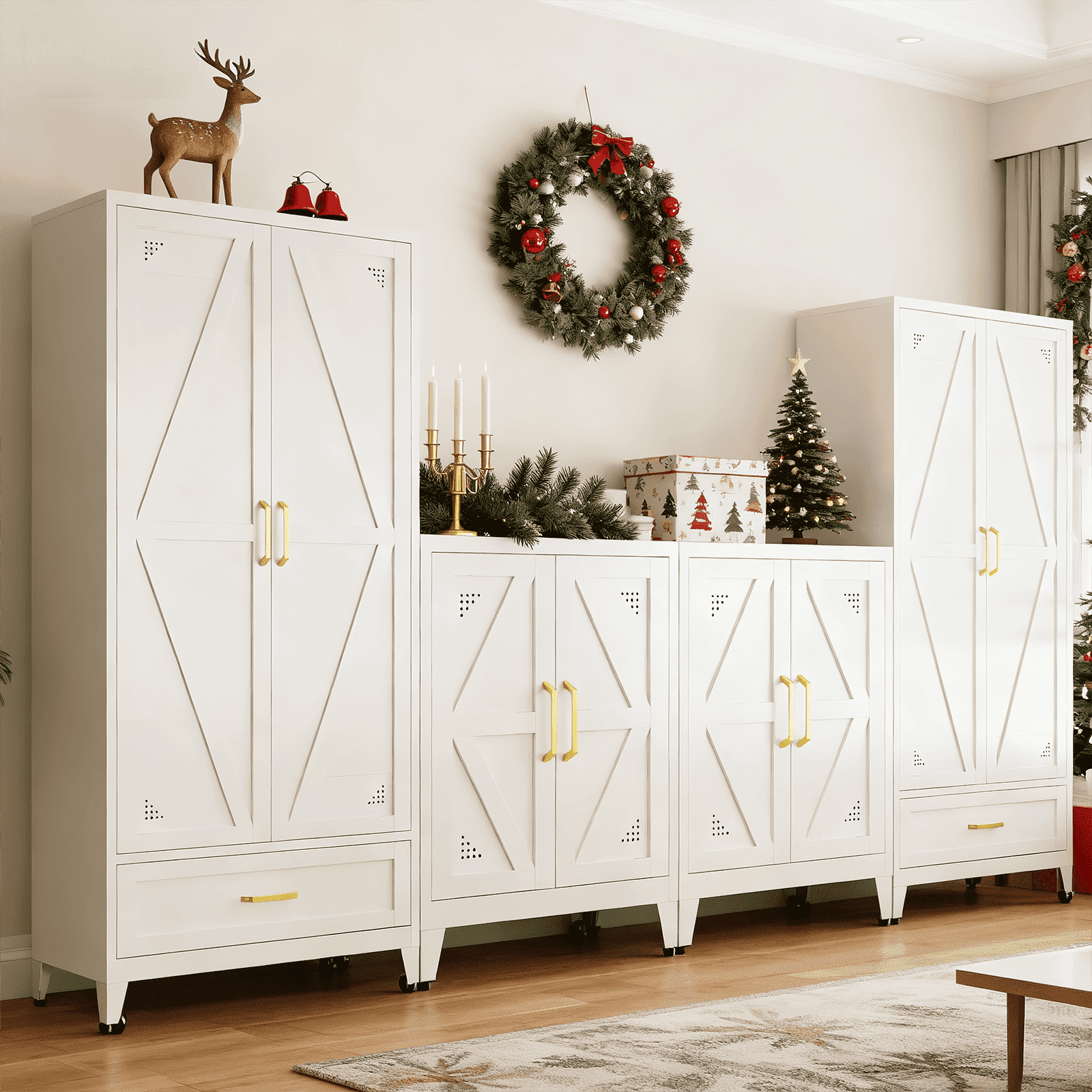 JHYKFG 71" Tall Metal Storage Cabinets,4-Tier Kitchen Pantry Cabinet with 2 Doors and 1 Drawer for Dining Room,Living Room,Hallway,Bathroom,White