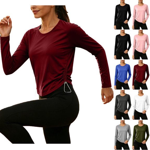 SwiftWear Women's Long Sleeve Workout Shirt Athletic Crewneck Top with Adjustable Drawstring Hem Gym Hiking Running T Shirt