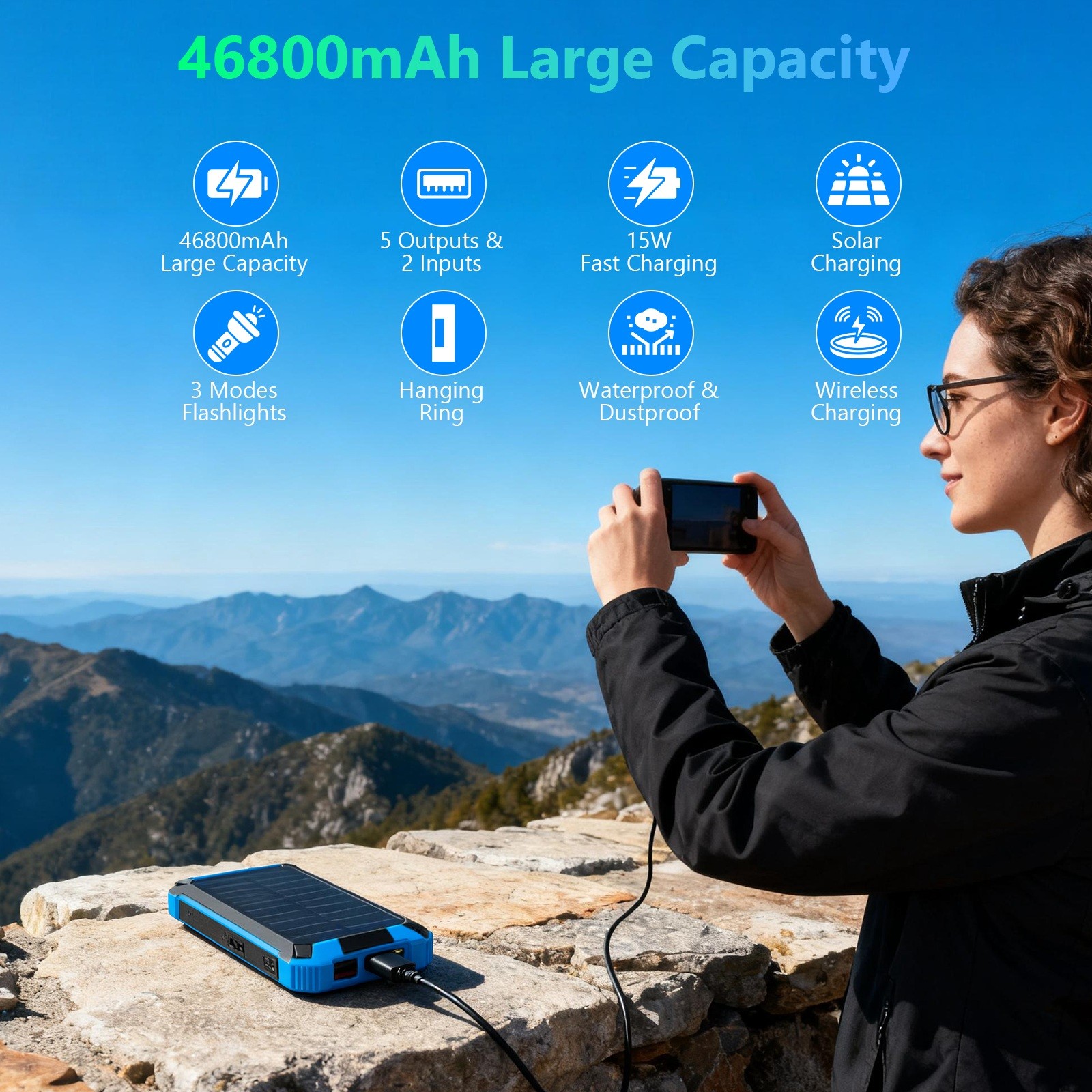 Power Bank Wireless Charger 46800mAh Built in 4 Cables Six Outputs 15W Fast Charging Power Bank for All Mobile Devices Three Inputs Solar Portable Charger with Dual Flashlights, Carabiner(Blue)