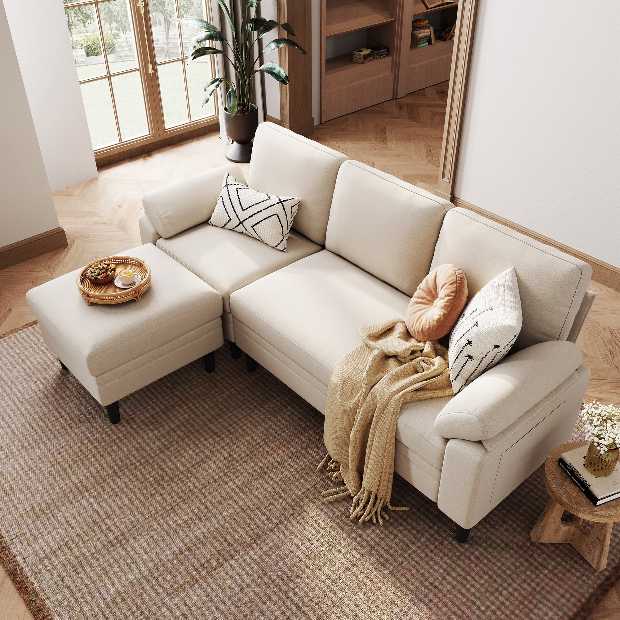 LINSY HOME 82" Reversible Sectional Sofa Couch, 3 Seater L -Shaped Sofa with Movable Ottoman for Living Room, Beige