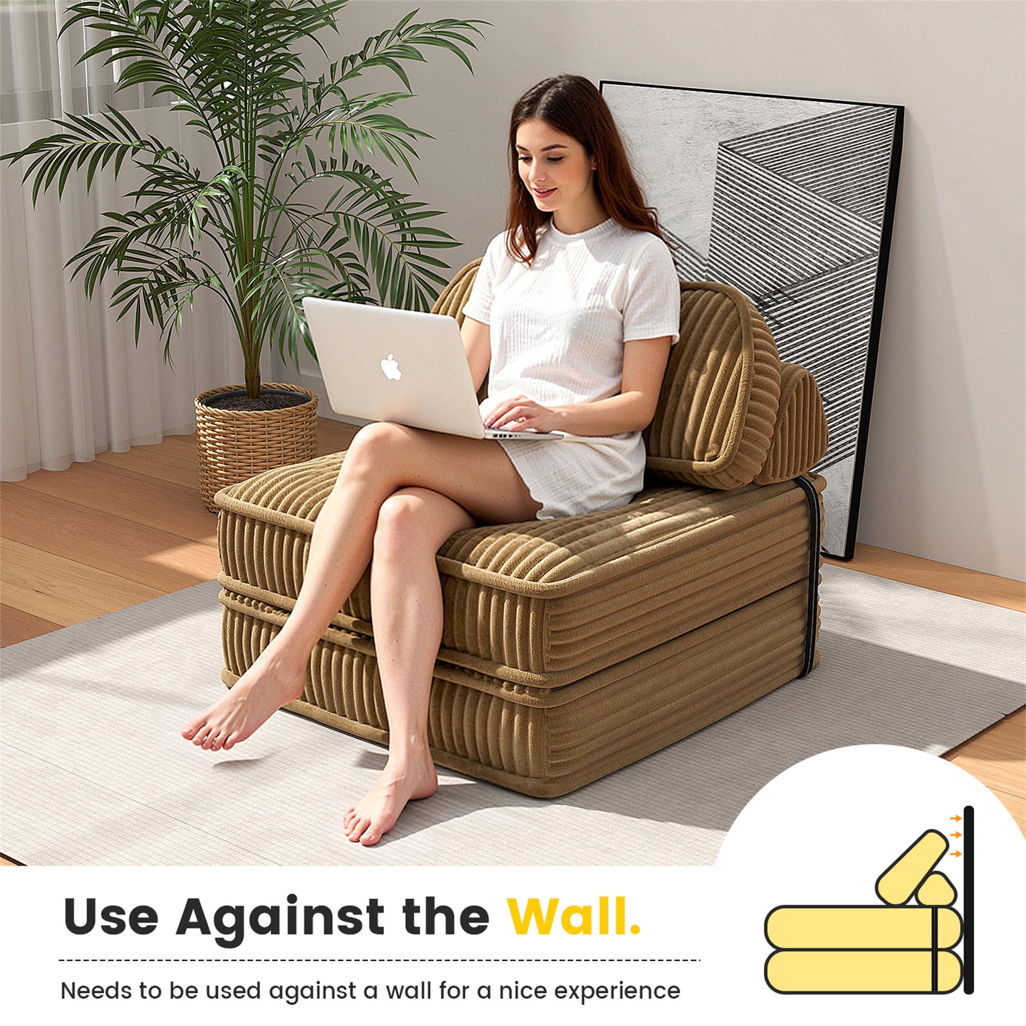 Aukfa Tufted Futon Convertible Folding Sofa Bed with Back Support, Twin Size, Corduroy, Brown