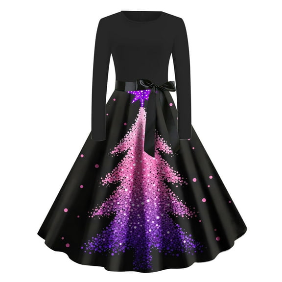 Women's Christmas Dress Long Sleeve Crewneck Printed A Lined Evening Skirt Red-2 XL