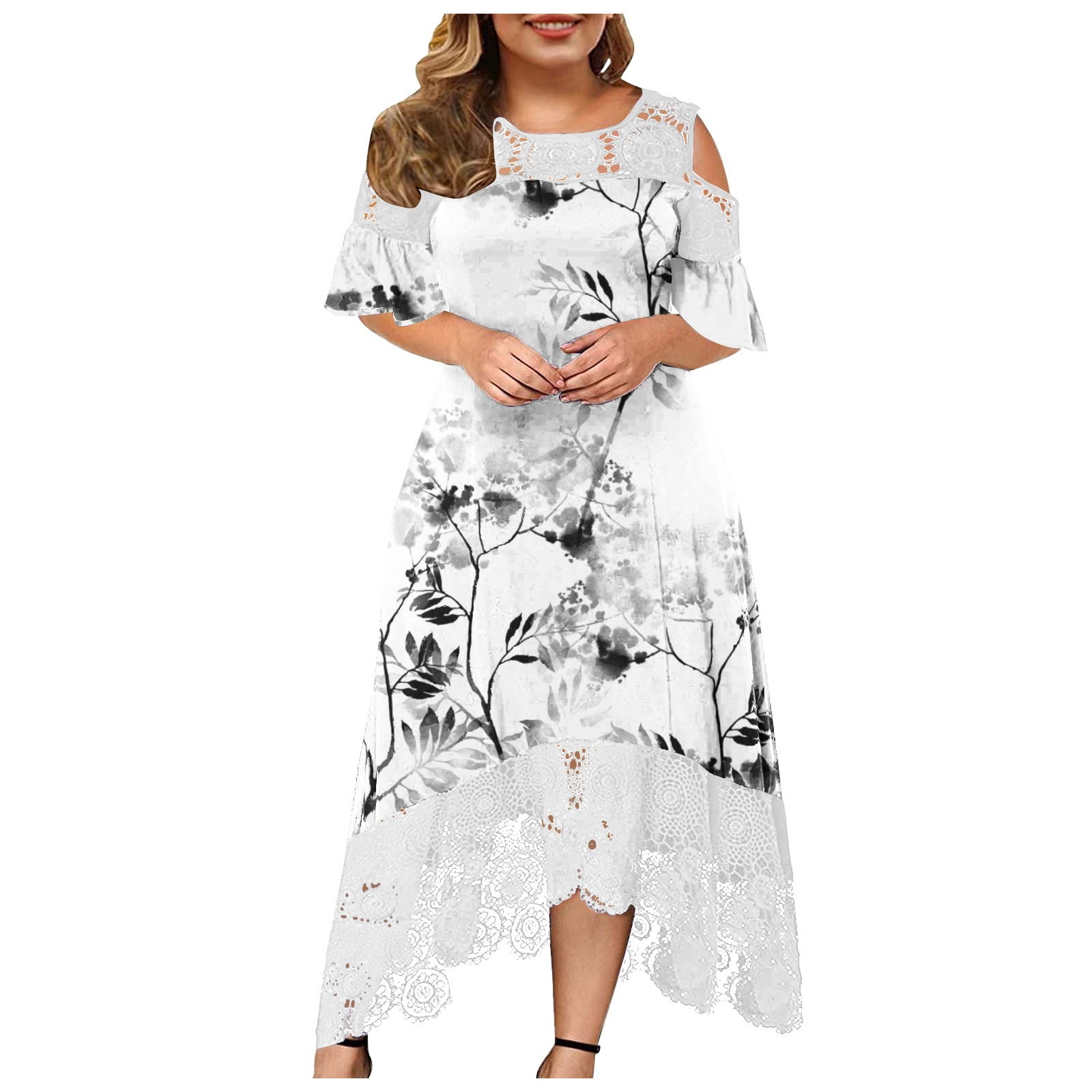 Summer Savings Clearance 2023! pbhbp Plus Size Dresses for Women Summer  Casual Floral Lace Patchwork Crewneck Off Shoulder Short Sleeve Maxi Tassel  Dress 