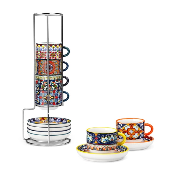 malacasa Coffee Mug Set, 2.5oz Porcelain Stackable Espresso Cups with Saucers and Metal Stand, Espresso Mugs Cups Set of 6, Microwave Dishwasher Safe