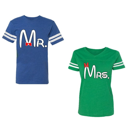 Old Mr Mrs Unisex Couple Matching Cotton Jersey style T-Shirt Contrasting stripes on sleeves (Men Royal / Women Green) (Men L / Women M)
