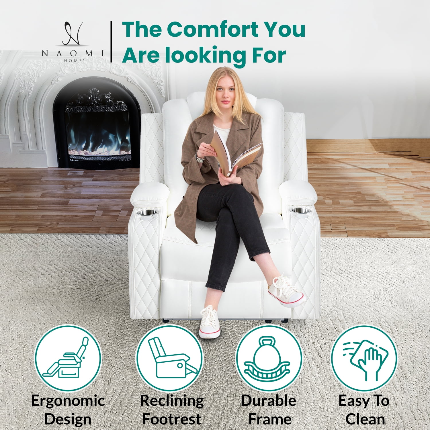 Chicago Theater Style Motion Recliner Chair With Adjustable Headrest – Luxury Power Reclining Chair with USB Cup Holders, and Premium Air Leather Upholstery