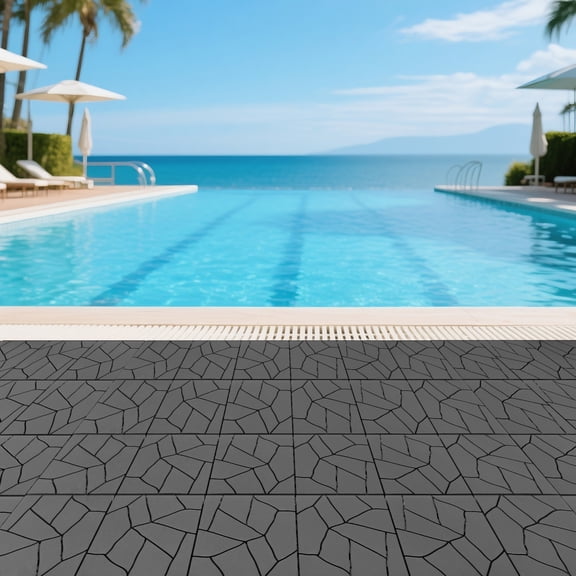 44 Pcs 12" Dark Gray Stone Style Interlocking Deck Tiles   DIY Quick-Install Flooring for Porch  Poolside & Backyard