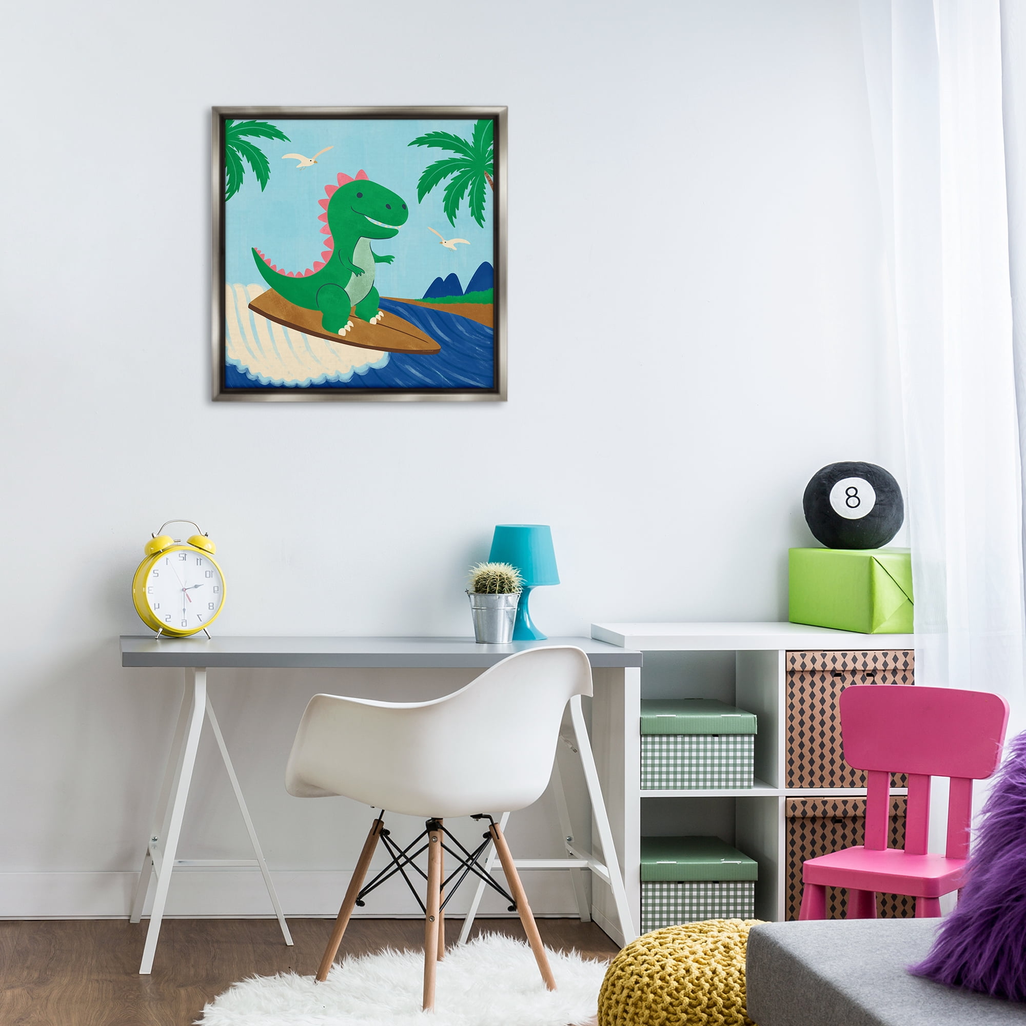 Stupell Industries Baby Surfing Dino Animals Painting Gray Floater Framed Canvas Art Print Wall Art, 25 x 25