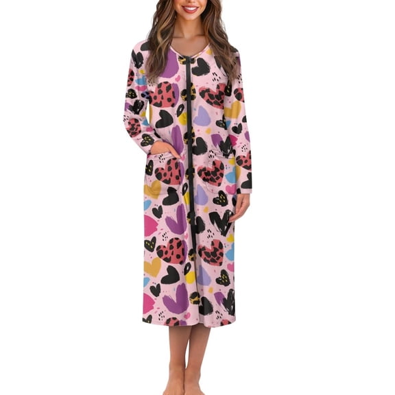Whosucclay Pink Heart Leopard Print Women Nightgowns Long Sleeve Housecoats Zip Up Robe Full Length Sleep House Dress Crew Neck Bathrobe with 2 Pockets for Women, S