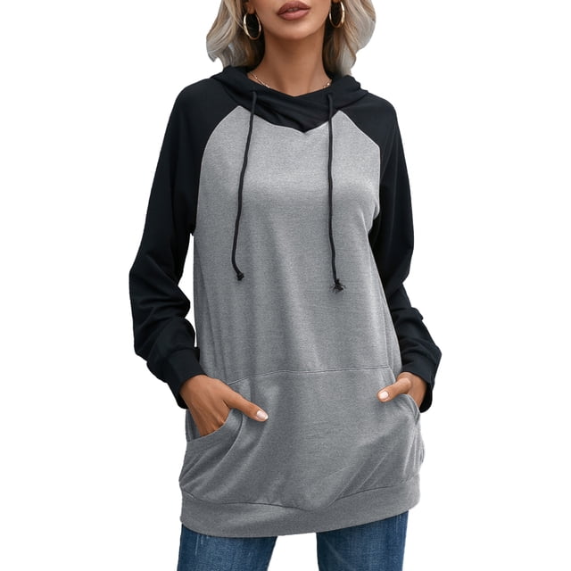 Sudadera con capucha de mujer Mujeres Pullover Hoodies Raglan Manga larga Bolsillos con cordón Empalme Sudadera Casual Túnica suelta Tops 1 1