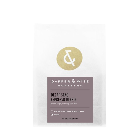 Decaf Stag Espresso Blend - Roasted by Dapper & Wise - Whole Bean Coffee - 12 Ounce Bag