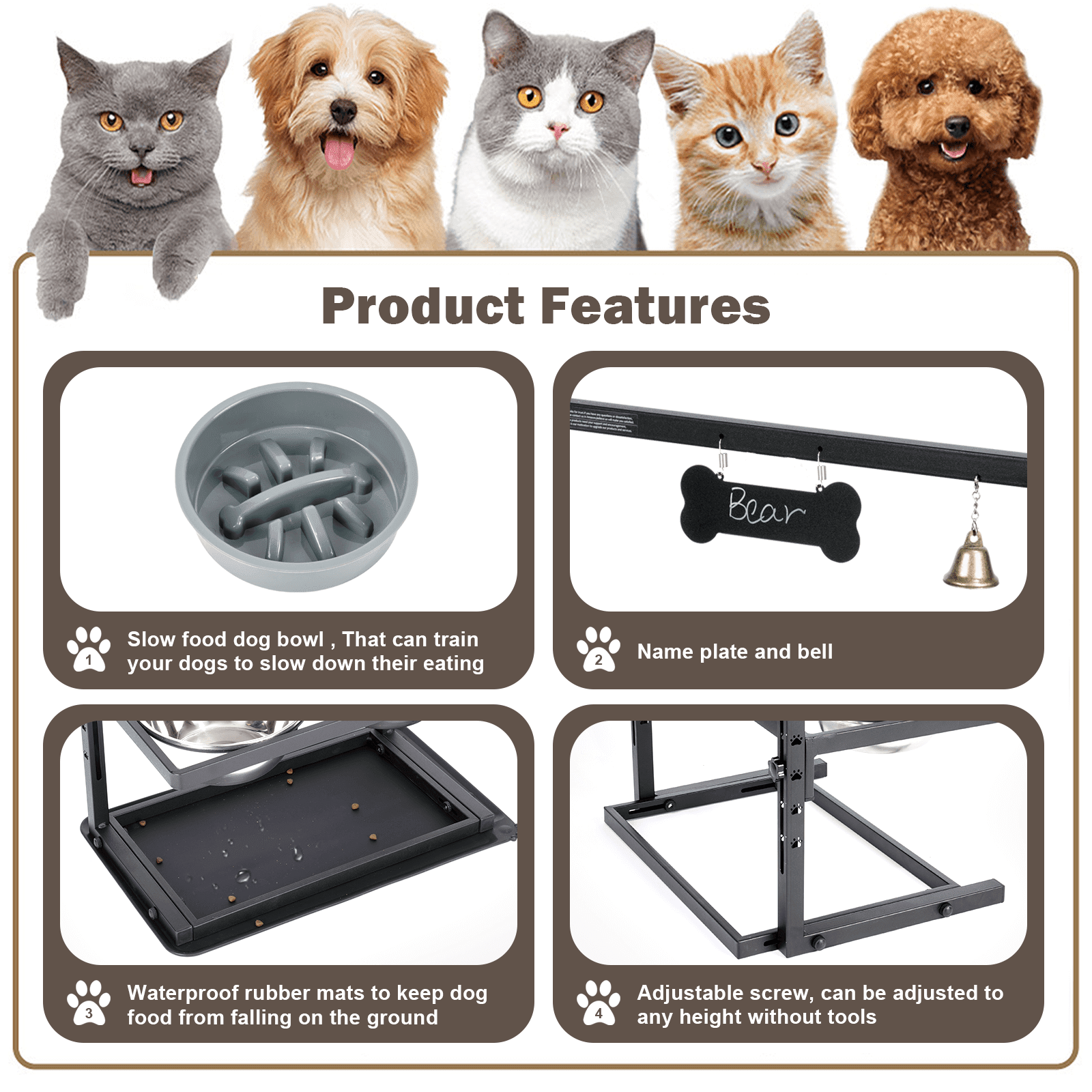 SHAINFUN Elevated Slow Feeder Dog Bowls, 6-Level Height Adjustable, Includes 2 Stainless Steel 1.7L Bowls, Raised Stand for Medium to Giant Breeds