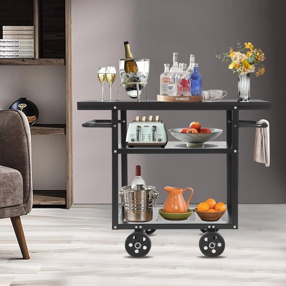 HOHOBLA Rolling Bar Cart Industrial Mobile Serving Cart with Wheels 3 Tier Bar Cart with 2 Side Handle Floor Standing Storage Cart for Dining Rooms Storage Rooms, Kitchens (Black)