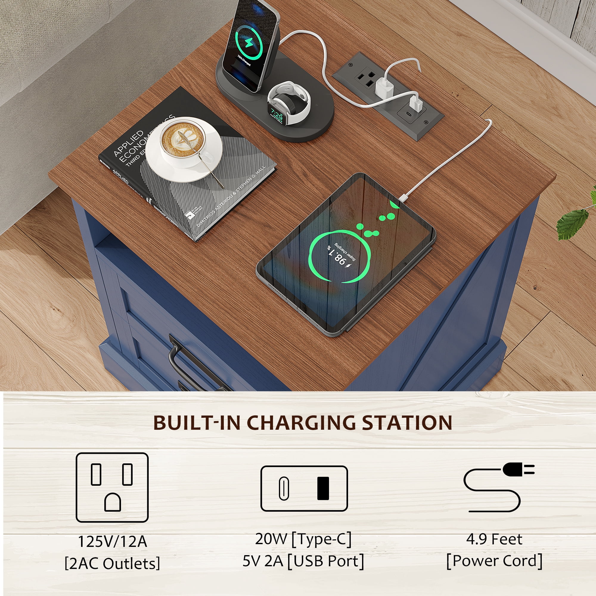 Farmhouse Nightstand Set of 2, 18 inch End Table with Charging Station for Bedroom, Living Room, Blue