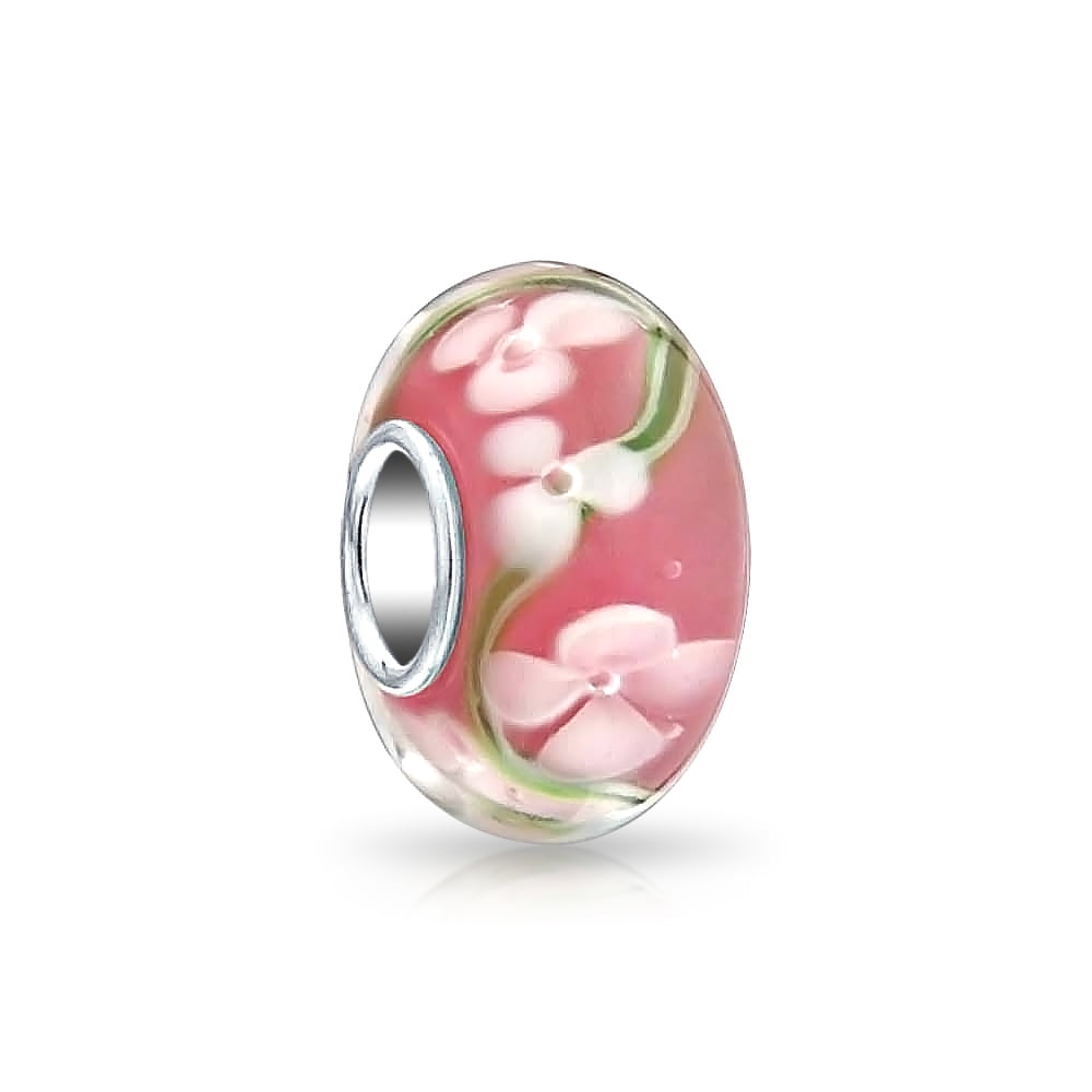 Pink Clover Flower Pattern Murano Glass Bead for Silver European Charm Bracelets