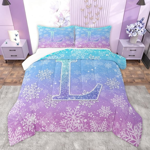 Homewish Initial L Letter Bedding Comforter Set for Teens, Blue Purple Snowflake Twin Comforter Sets, Dreamy Western Christmas Bedding Set, Breathable Home Decor, 2-Piece