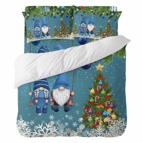 4 Pieces Duvet Cover Set Queen Size, Rustic Blue Gnome Christmas Tree Comforter Cover Bedding Sets, Winter Fir Leaf Snowflake Bed Set Include 1 Duvet Cover,1 Bed Sheet,2 Pillow Shams