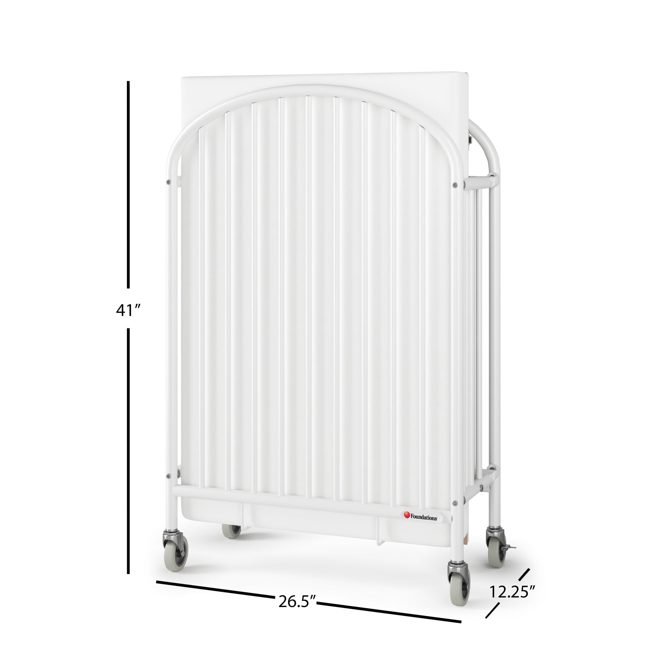 Foundations Pinnacle Compact Folding Crib with 4" Mattress and Locking Wheels, White