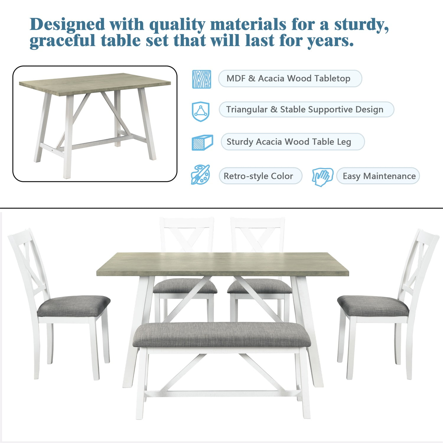 Kadyn Dining Table Set for 6, Kitchen Table Set with Table, Bench and 4 Chairs, 6 Piece Dining Table Set for Home, White Kadyn Dining Table Set for 6, Kitchen Table Set with Table, Bench and 4 Chairs, 6 Piece Dining Table Set for Home, White