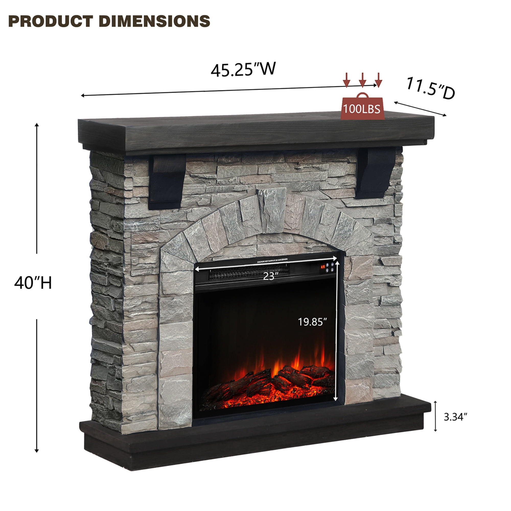 Joy River 45" Electric Fireplace with Faux Brick and Remote Control, Grey, Modern Interior Decor